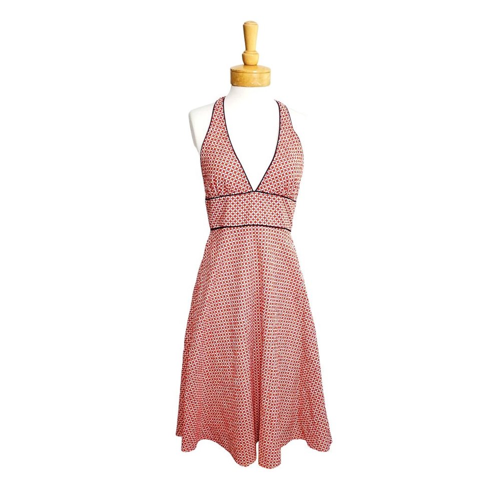 J Crew Halter Sundress Red & White Print Blue Trim V-Neck Casual Party Beach 8